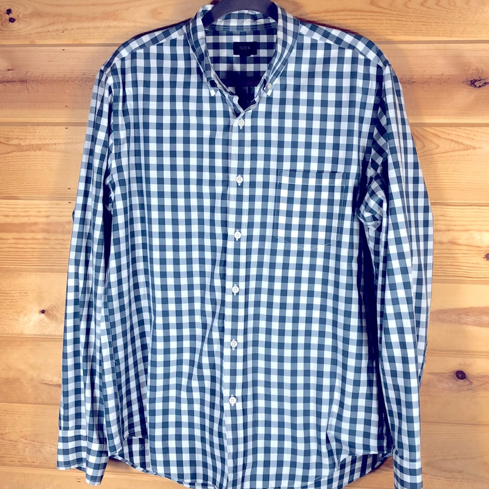 J.CREW Long Sleeve Button Up Shirt Blue Gray Check Oxford Pocket Men L